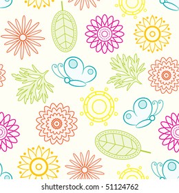 Seamless background with colorful flowers and butterflies. Vector illustration.