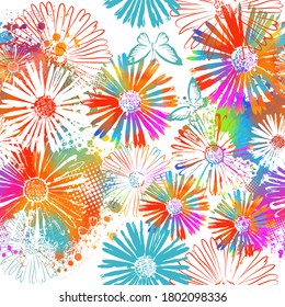 A seamless background with colorful flowers. Mixed media. Vector illustration
