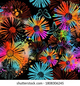 A seamless background with colorful flowers. Mixed media. Vector illustration