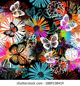 A seamless background with colorful flowers. Mixed media. Vector illustration