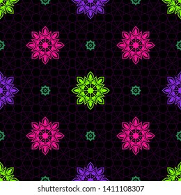 Seamless background with colorful flowers on black background. for printing, textiles, wrapping paper, etc. Vector.
