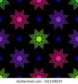 Seamless background with colorful flowers on black background. for printing, textiles, wrapping paper, etc. Vector.