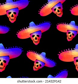 Seamless background with colorful geometric skull in sombrero  Day of The Dead illustration