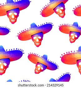 Seamless background with colorful geometric skull in sombrero  Day of The Dead illustration