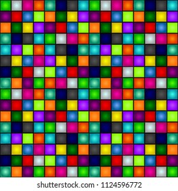 Seamless background - colorful, glowing, three-dimensional cubes. Dance floor, palette of colors. Club party. Vector.