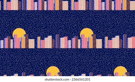  Seamless background of colorful houses in winter. Vector pattern of the city at night under the snow.