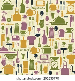 Seamless background with colorful kitchen icons. Vintage illustration.