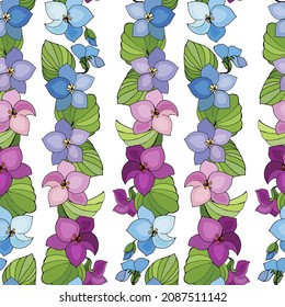 Seamless background with colorful linear ornament arranged vertically from bouquets of violets.  Vector illustration for festive design, packaging, wallpaper, card, textile, stationery, accessories.