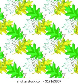Seamless background with colorful oak leaves, vector illustration.