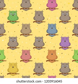 Seamless background with colorful owls on yellow background, illustration.