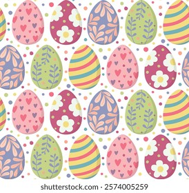 Seamless background with colorful painted Easter eggs. Bright dotted pattern with festive elements