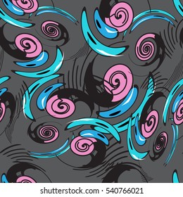 Seamless background colorful pattern with siral elements. Vector on tne grey background.