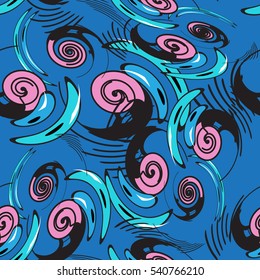 Seamless background colorful pattern with siral elements. Vector on tne blue background.