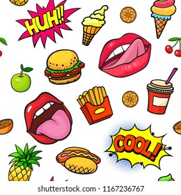 Seamless background with colorful pop art style fashion stickers set. Fast food, lips, fruit, ice cream and other elements. Comic book style vector stickers, pins, patches, illustrations