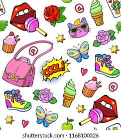 Seamless background with colorful pop art style fashion stickers set. Handbag, lips, rose, cat, butterfly exclamation and other elements. Comic book style vector stickers, pins, patches, illustrations