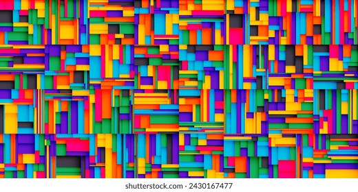 Fondo transparente con rectángulos de arco iris apilados al azar coloridos. Diseño de bloques artísticos de moda con coloridos cuadrados caóticos y sombras para banner, póster, volante o portada. Ilustración de vector