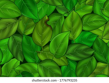 Seamless background with colorful realistic summer green leaves. Perfect for wallpaper, gift paper, pattern fills, web page background, spring summer greeting cards.