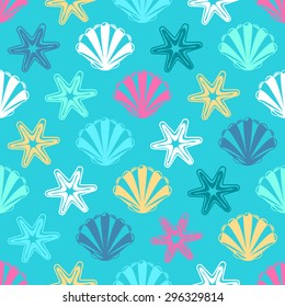 Seamless background with colorful scallop seashell and starfish icons