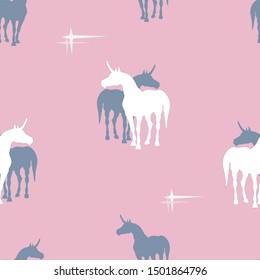 seamless background of colorful silhouettes of unicorns on a colored background