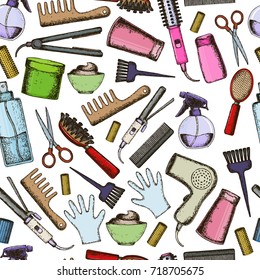 Seamless background of colorful sketch equipments for styling and hair care. Products and tools for home remedies of hair care. Vector