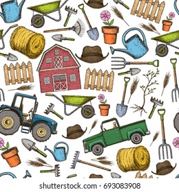 Seamless background of colorful sketch farming equipment icons. Farming tools and agricultural machines decoration. Vector