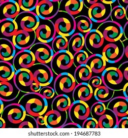 seamless background with colorful spirals on black background