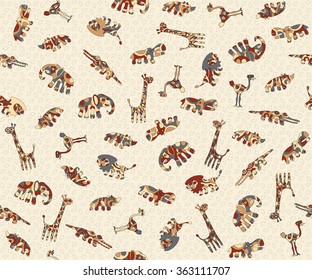 Seamless background with colorful stylized animals Africa. A sample of fabric, wrap or wallpaper. For the convenience of editing the image elements are in different layers. 