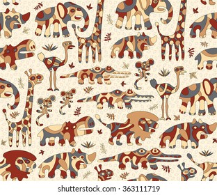 Seamless background with colorful stylized animals Africa. A sample of fabric, wrap or wallpaper. For the convenience of editing the image elements are in different layers. 