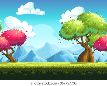 Seamless background colorful trees in the forest against the backdrop of the mountains