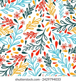 Seamless background of colorful twigs and flowers. hand drawing. Not AI, Vector illustration