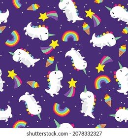 Seamless Background Of Colorful Unicorn Dinosaur