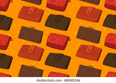 Seamless Background, Colorful Wallets and Abstract Pattern. Vector