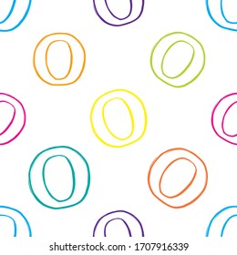 Seamless background with colorful zero. Numeral abstract backdrop with number 0. School graphic vector seamless pattern. Mathematics font design.