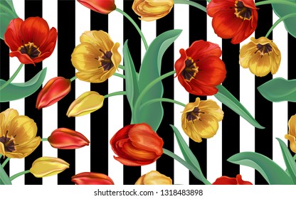 Seamless background of colors and vertical black and white stripes. Tulips are red and yellow. Decorative postcard, spring pattern for textiles, wrapping paper, clothes, holidays: March 8, women's day