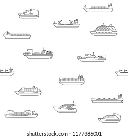 Seamless background of commercial cargo and passengers ships. Sea transportation vehicle. Transport boat. International water trade concept. Vector illustration.