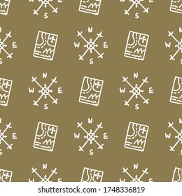 Seamless background compass and map. Gender neutral baby pattern. Simple whimsical minimal earthy 2 tone color. Kids nursery wallpaper or boho camping fashion all over print.