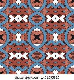 Seamless background with a complex interlacing pattern in brown, blue and white colors. Vector illustration