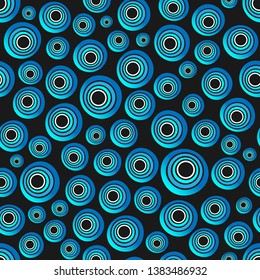 Seamless background of concentric circles in neon blue colors on black. Retro pattern, inspired by the 60s.