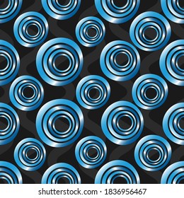 Seamless background of concentric circles in neon blue colors on black. Retro pattern, inspired by the 60s.