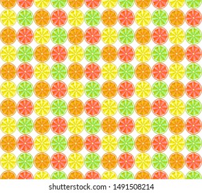 Seamless background. Conceptual polygonal fruit, lemon, orange, grapefruit and lime. Abstract vector illustration of low poly style. Stylized design element. Summer color pattern.