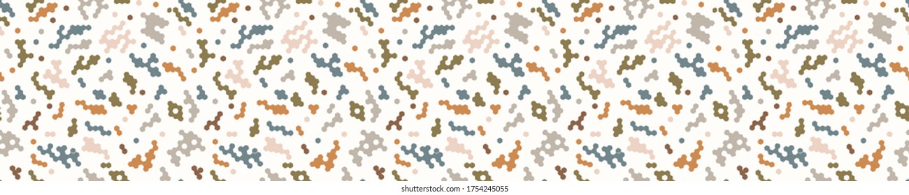 Seamless background confetti banner. Gender neutral baby pattern. Simple whimsical minimal earthy 2 tone color. Kids nursery sprinkles border or boho fashion tribbon trim
