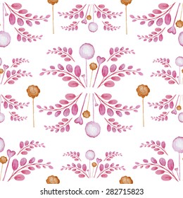 seamless background consisting of pink flowers and branches and orange watercolor