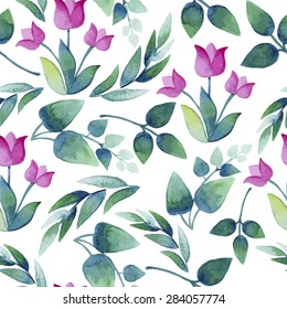 seamless background consisting of pink flowers and green leaves  , watercolor