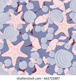 Seamless background consisting of sea shells, and sea stars. Beautiful seamless background.