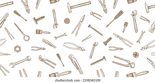 Seamless background of construction hand tools. Banner isolated on white background. Vector illustration