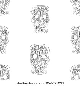 Seamless background of contour doodle drawing fantasy spooky human mask