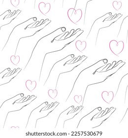 Seamless background with a contour drawing of a hand with a heart. Simple background for Valentine's Day. Symbol of Love. Heart in hand