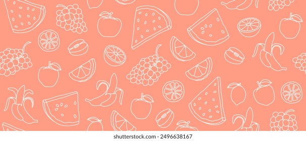 Seamless background with contour drawings of fruits. Endless background with drawings of apples, grapes, oranges, watermelon slices, lemons and bananas. Line drawings. Summer vector banner