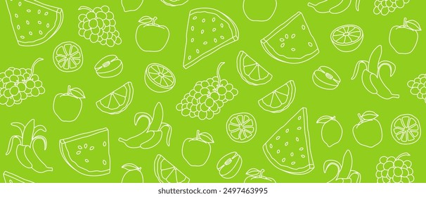 Nahtloser Hintergrund mit Konturzeichnungen von Früchten. Endloser Hintergrund mit Zeichnungen von Äpfeln, Trauben, Orangen, Wassermelonenscheiben, Zitronen und Bananen. Linienzeichnungen. Sommer-Vektorbanner