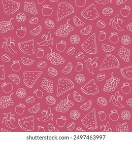 Seamless background with contour drawings of fruits. Endless background with drawings of apples, grapes, oranges, watermelon slices, lemons and bananas. Line drawings. Summer vector banner